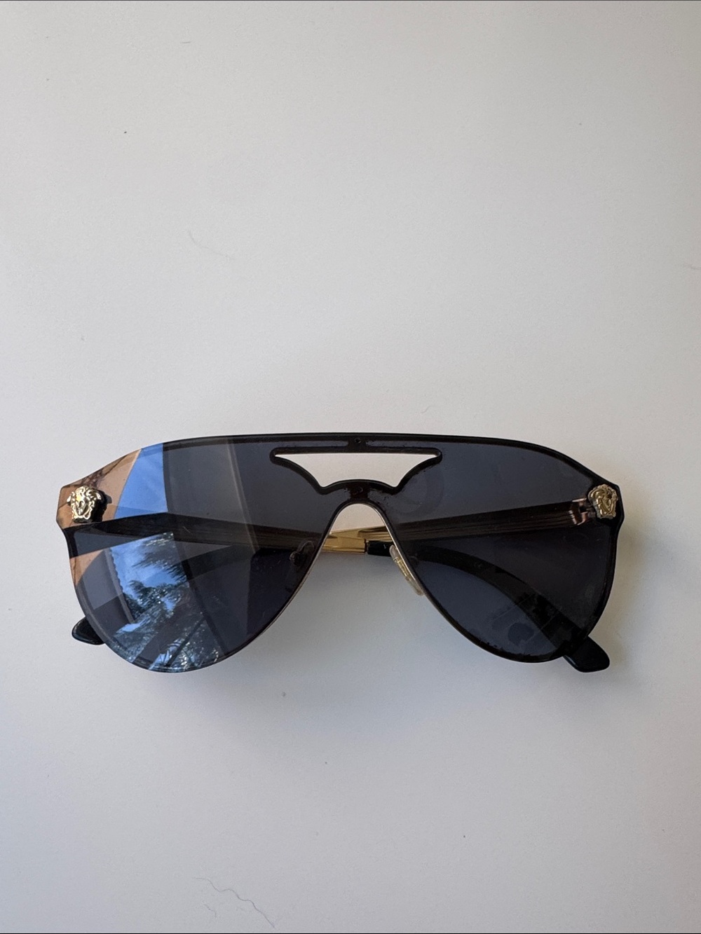 Black Shield Sunglasses with Gold Versace Medallion Accents